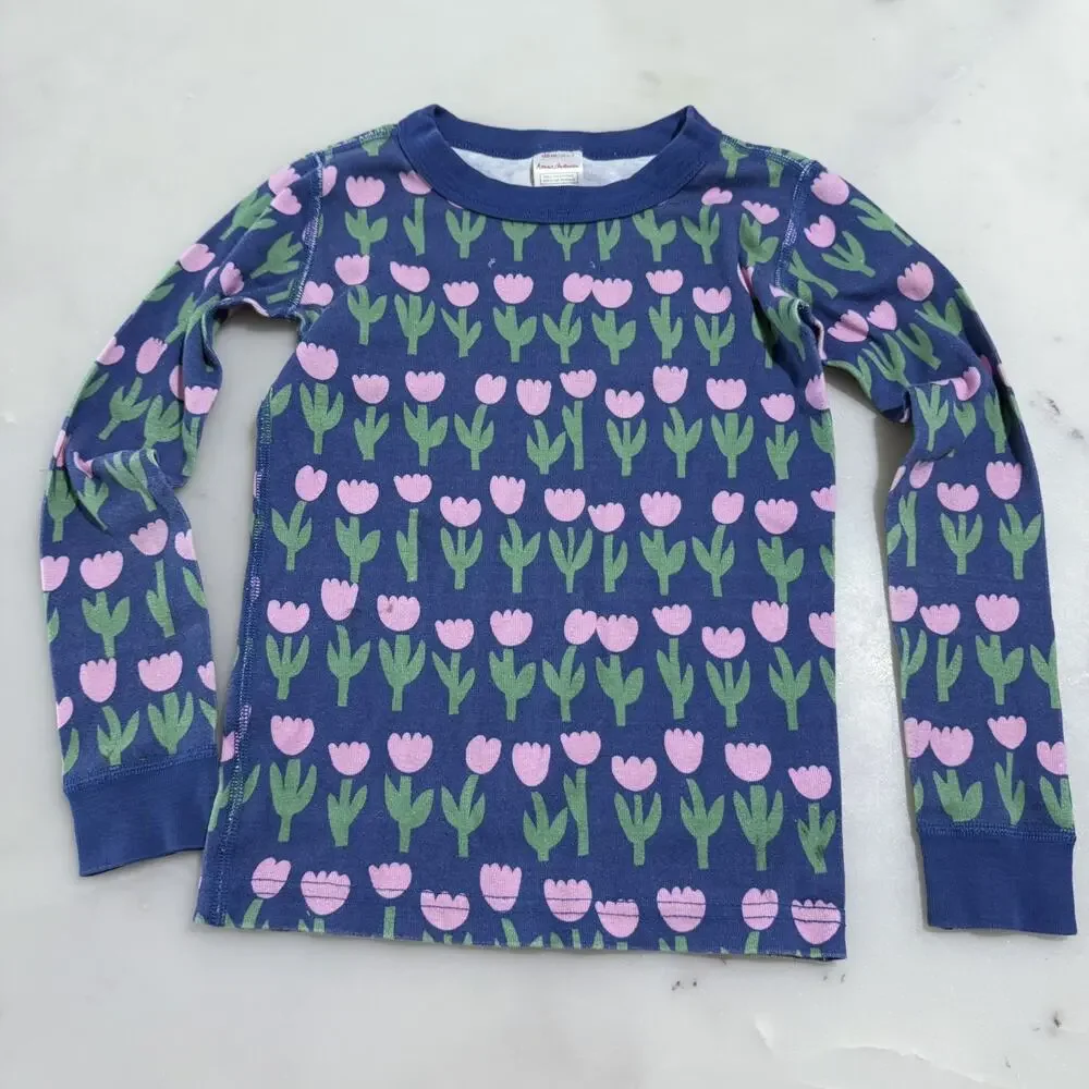 Hanna Andersson Pajama Top Girls 6-7 Blue Pink Tulips Flower Long Sleeves Cotton